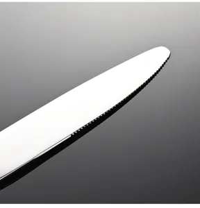 Primo piano dettagliato della punta della lama seghettata del coltello da bistecca.