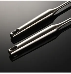 Close-up detail of 304 stainless steel hollow kitchen tool handle with smooth brushed finish.