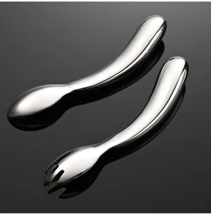 Set cucchiaio forchetta neonato in acciaio inox, manico cavo curvo stoviglie apprendimento