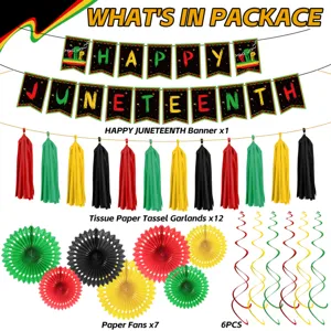 Juneteenth party decoration set including banner, tissue tassels, paper fans and swirls.