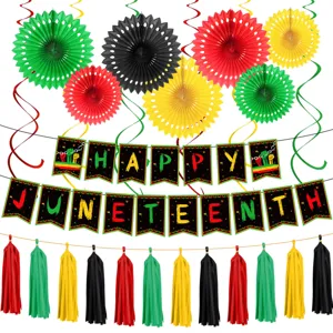 Juneteenth party decoration details, colorful paper fans and banners, festive celebration display.