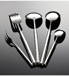 Premium stainless steel flatware set with hammered handles, elegant cutlery for kitchen.