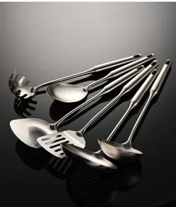 Detailed close-up of stainless steel kitchen utensil set showcasing hollow handles and finish.