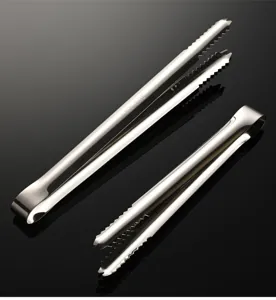 Stainless steel ice tongs, 304 food grade material, anti-slip serrated tip, kitchen tool.