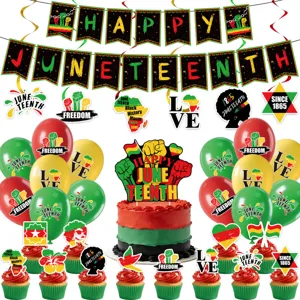 Detailed display of Juneteenth party decoration set with vibrant banners, balloons, and toppers.