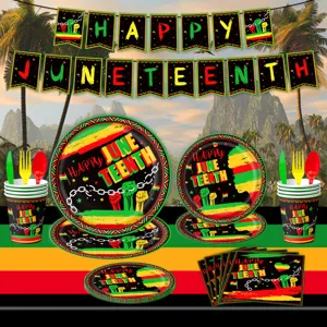 Juneteenth party tableware set including paper plates cups napkins and banner decorations