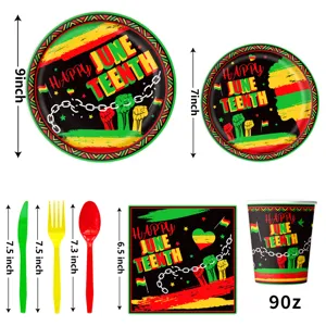 Juneteenth party tableware set including plates, cups, napkins, and cutlery for celebration.