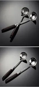 Stainless steel kitchen utensils set with wooden handle, durable slotted spoon and soup ladle.