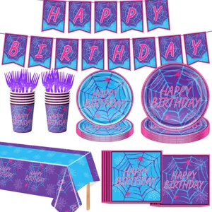 Blau lila Spinnennetz Geburtstag Party Zubehör Geschirr Set Banner Tischtuch Dekorationen