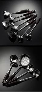 Stainless steel kitchen utensil set with wooden handle soup ladle spatula slotted spoon detail