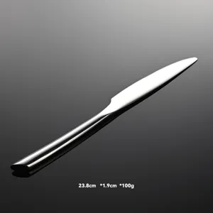 Dettaglio coltello da tavola in acciaio inossidabile, manico rotondo e bordo smussato.