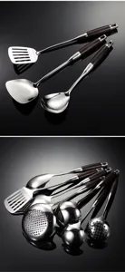 Stainless steel kitchen utensil detail showing premium 316 material and wood handle.