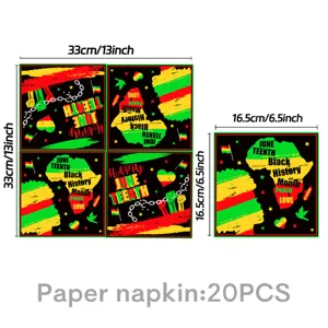 Juneteenth theme party paper napkins with colorful cultural celebration designs and dimensions.