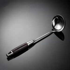 Stainless steel soup ladle with wood grain handle, 37cm length for kitchen cooking.