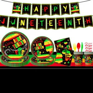Juneteenth party tableware set including hanging banners plates napkins and tablecloth.