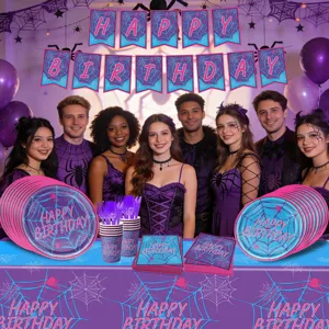 Blau-lila Spinnennetz Party-Set mit Tellern Bechern Servietten Tischdecke und Geburtstagsbanner.