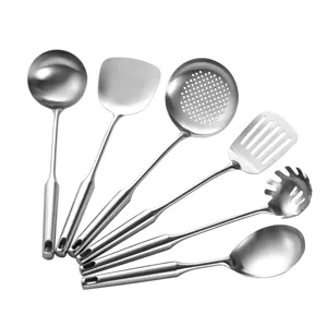 Stainless steel kitchen utensils set, hollow handle cooking tools including ladle and spatula.