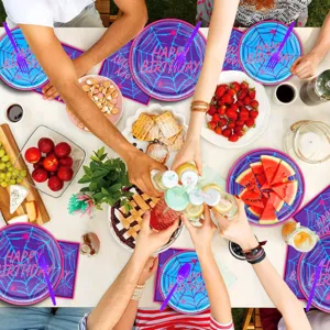 Blaues violettes Spinnennetz Thema Party Pappteller und Servietten Geburtstag Tischset