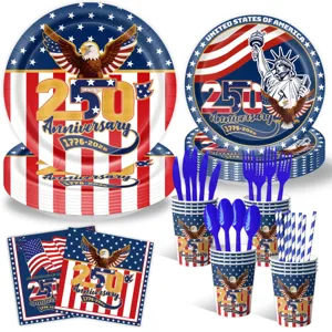 US 250. Jahrestag patriotisches Einweg-Geschirrset, Pappteller, Becher und Servietten.