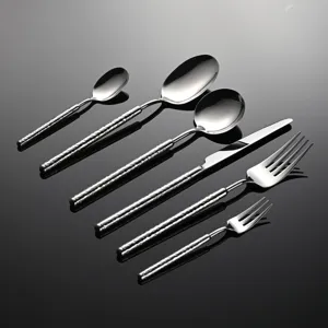 Stainless steel flatware set with hammered handle design for home and hotel dining