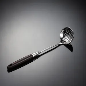 Stainless steel slotted spoon kitchen cooking utensil, elegant wooden handle detail.