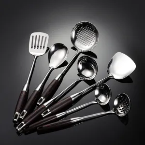 Stainless Steel Cooking Utensils 316 Stainless Steel Spatula Soup Spoon Kitchen Cooking Tool Wooden Handle Heat Resistant Modern