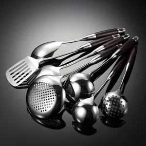 316 Stainless Steel Kitchen Utensils Cooking Set With Wooden Handle Spatula And Spoons