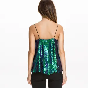 Back view of a sparkling green and purple sequin camisole showing the elegant drape and straps.