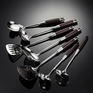 Stainless steel kitchen utensils set with wooden handle cooking spatula ladle main view