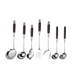 316 stainless steel kitchen utensil set with dark wood handles, professional cookware spoons and spatulas.