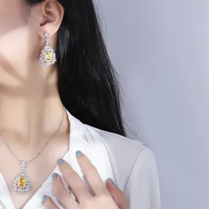 Ensemble collier pendentif et boucles d'oreilles diamant jaune simulé pour femme, bijoux mode.