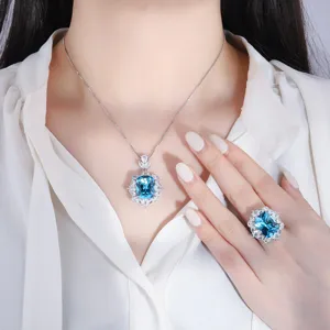 Conjunto de colgante anillo azul topacio simulado vintage diamante hecho mano mujer