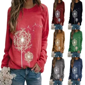 Dames Casual Lange Mouw Ronde Hals Trui Sweatshirt Paardenbloem Print Losse Pasvorm Herfst Winter Basis Top