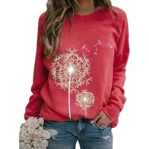 Dames casual sweatshirt met lange mouwen en een stijlvolle witte paardenbloem print ronde hals.