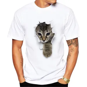 3D cat print men's short sleeve casual white t-shirt graphic tee top detail view