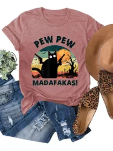 Camiseta casual de manga corta para mujer con estampado de gato divertido, top cómodo diario.