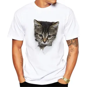 Casual white short sleeve men t-shirt featuring a stylish realistic 3D cat print detail.