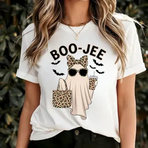 Women's Vintage Halloween Ghost Print Short Sleeve T-Shirt Casual Crew Neck Combed Cotton Basic Summer Tee Top
