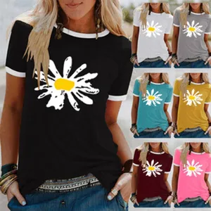 Damen lässiges Ringer T-Shirt mit Gänseblümchen Druck Kurzarm Sommeroberteil in vielen Farben