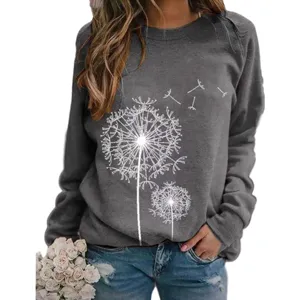 Donkergrijs sweatshirt met lange mouwen en paardenbloemprint, casual losse pasvorm.