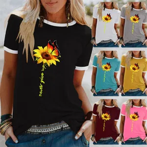 Damen Sonnenblume Schmetterling Print Kurzarm Ringer T-Shirt Freizeit Sommer Tops neu