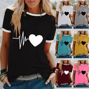 Damen Kurzarm Ringer T-Shirt Lässiges EKG Herz Print Sommer Top in Mehreren Farben