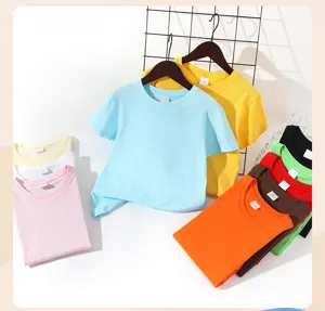 Details of children's solid color short sleeve cotton t-shirt with various color choices.