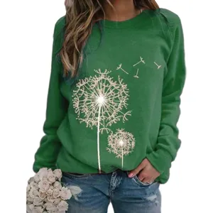 Dames groen lang mouw sweatshirt met paardenbloem print ronde hals casual top.