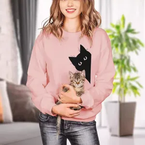 Women's pink long sleeve sweatshirt casual crewneck pullover with cute black cat print top