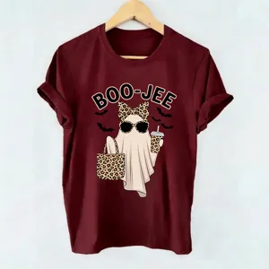 Vintage Halloween ghost graphic short sleeve t-shirt for women, casual crewneck top.