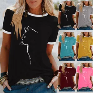 Damen Kurzarm T Shirt niedlicher Katzen Grafik Print Kontrast Saum Sommer Oberteil