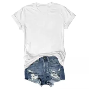 Casual white short sleeve T-shirt paired with blue ripped denim shorts summer outfit.