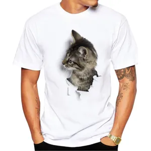 Men's casual white short sleeve t-shirt featuring a realistic 3D cat print graphic design.
