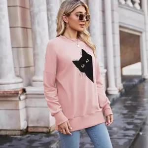 Women casual long sleeve pink sweatshirt with cute black cat graphic print pullover top apparel